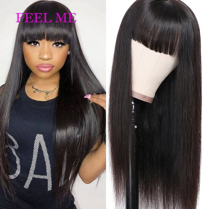 Straight Human Hair Wigs With Bangs Natural Color